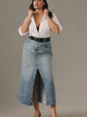 Anthropologie Madi Classic Light Blue, Slit Front Denim Midi Skirt
